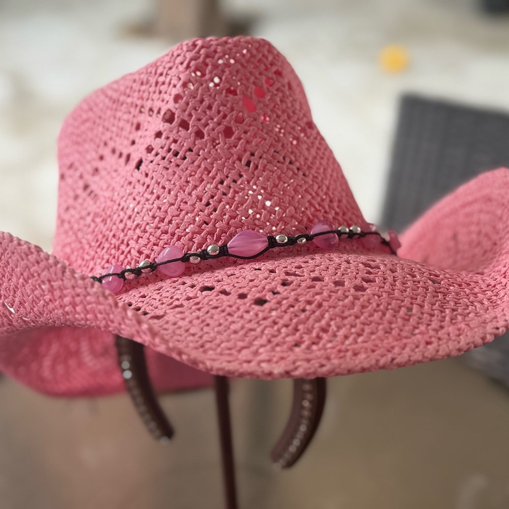 Pink Straw Cowboy Hat with Beaded Band